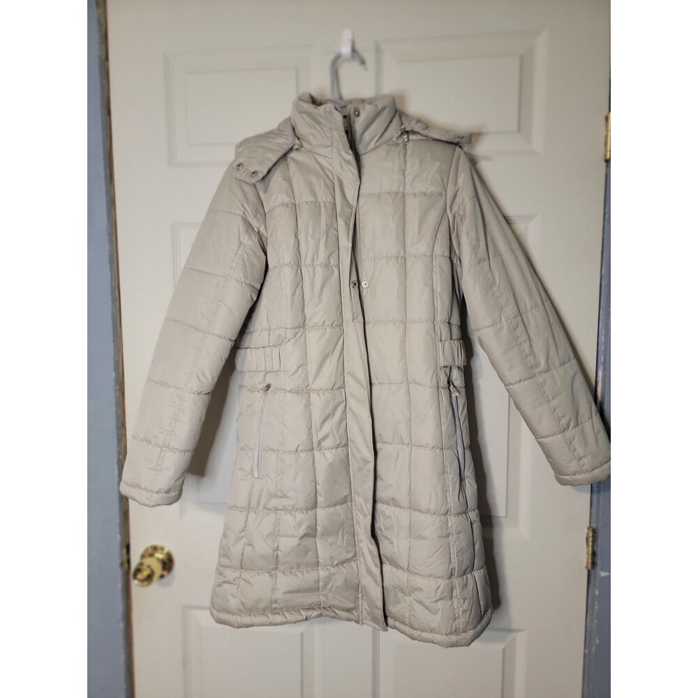 Beige Quilted Long Puffer Jacket With Removable Hood Sz Sm Kc Collections